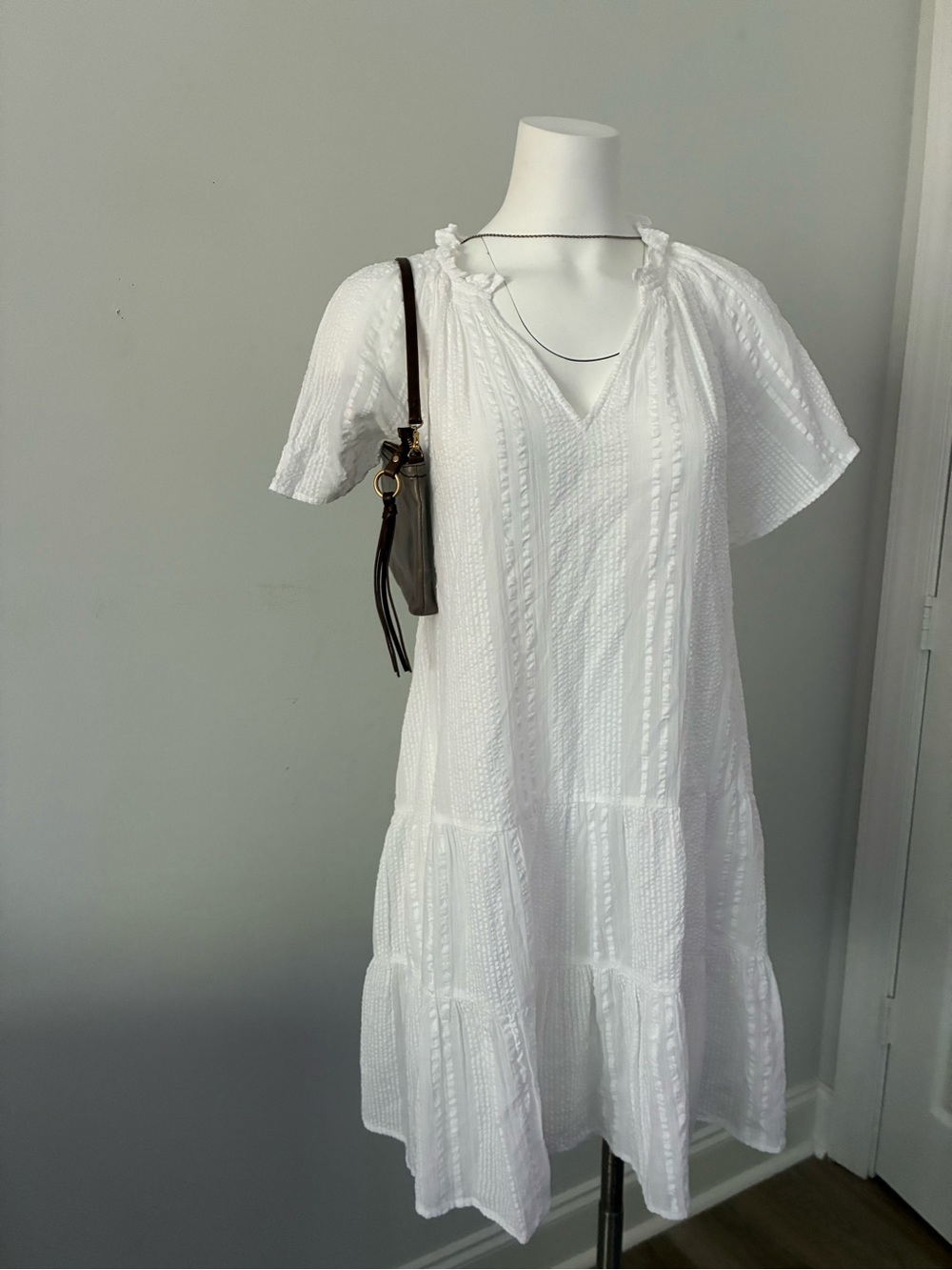 J. Crew White Textured V-Neck Tiered Midi Dress